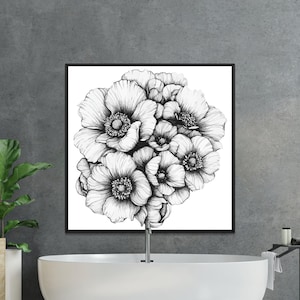 Black and White Floral Digital Art, Printable Flower Bouquet, Botanical Wall Art, Instant Download Home Decor, Floral Illustration Art