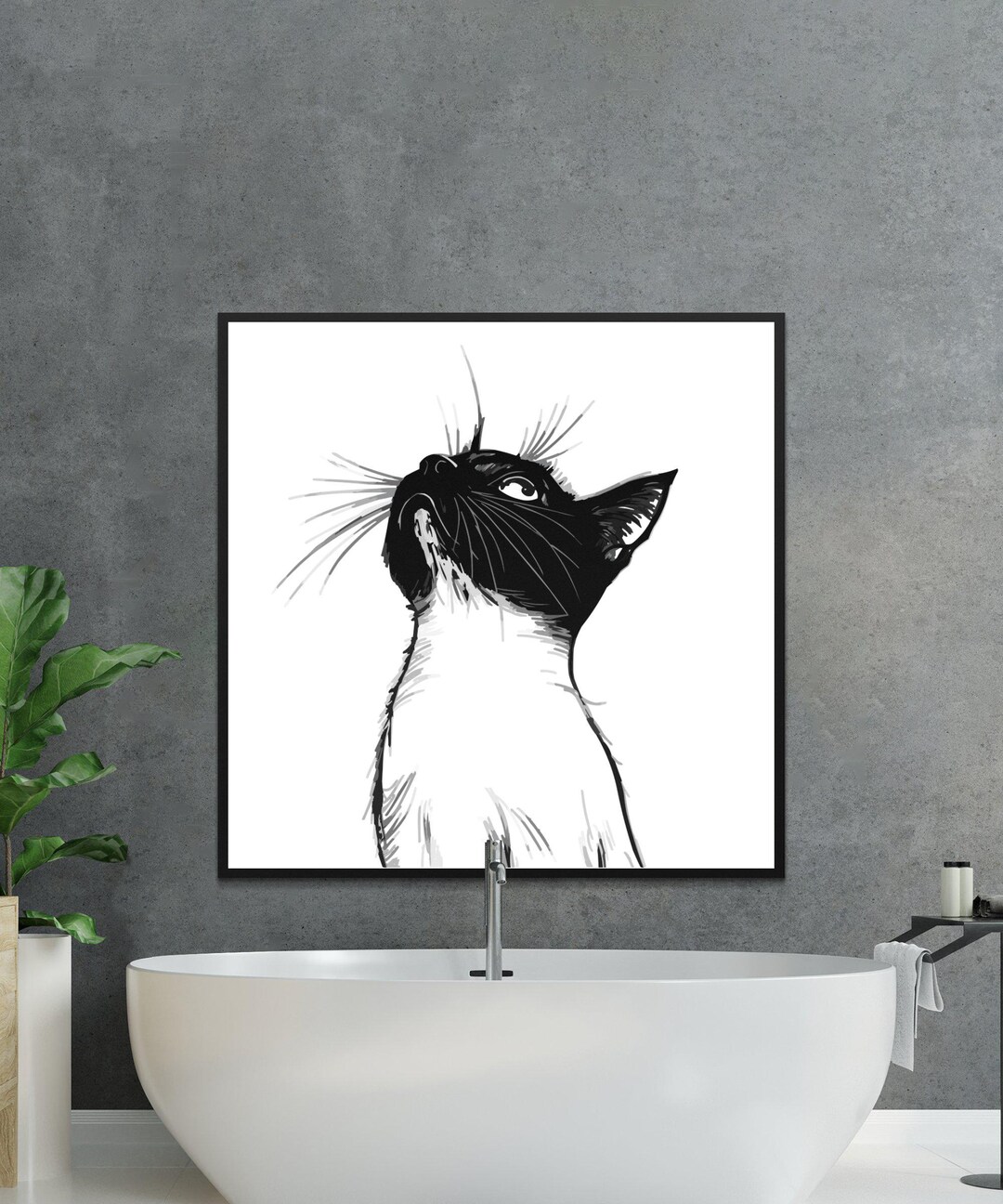 Black and White Cat Digital Art Print, Cat Illustration Download ...
