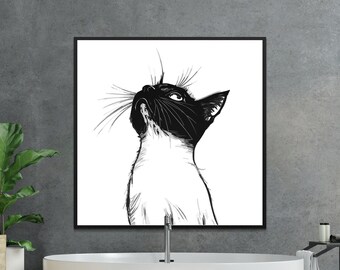 Stylish Black and White Cat Digital Art, Modern Cat Drawing Print ...