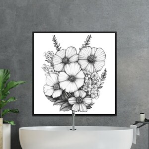 Beautiful Floral Illustration Black and White Digital Art Botanical Print Wall Decor Printable Artwork