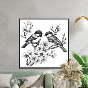 Beautiful Black and White Bird Print, Botanical Art Digital Download, Vintage Bird Illustration, Bird Wall Art, Modern Home Decor