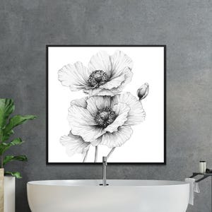 Black and White Floral Digital Wall Art Print Instant Download, Monochrome Flower Graphic, Minimalist Home Decor Artwork