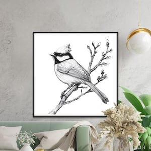 Black White Bird Illustration Print, Instant Download Digital Art, Nature Themed Wall Decor, Bird Drawing Printable Art