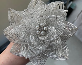 Single Flower Stem Wedding Bouquet in clear silver lined seed beads