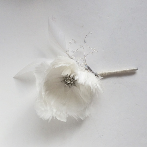 Feather Wedding Buttonhole with crystal rhinestone embellishment- Bridal, Groom, bridesmaid
