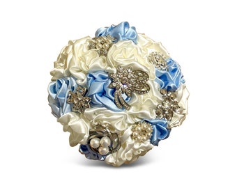 Baby Blue & Ivory Brooch Bouquet | Bridal Wedding Fabric Brooch Bouquet | Alternative Bouquet | - Ex sample - Ready to Ship