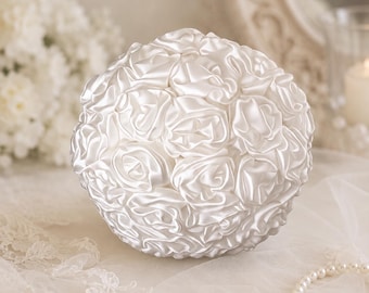 Ivory White Satin rose Bouquet, Handmade Fabric Flower Wedding Bridal flowers, Alternative Bouquet
