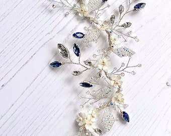 Sapphire & silver HAIRVINE - Blue Wedding hairvine - Bridal crystal Pearl Hair accessory - Glamour diamanté rhinestones and pearls