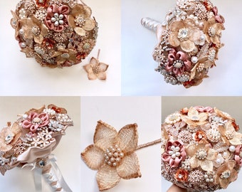 Rose Gold Brooch Bouquet, Vintage style Pearl & jewel Wedding Flowers