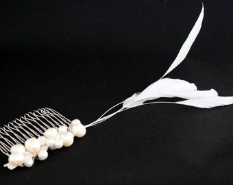 Claudine- Pearl & Crystal white feather fascinator comb - 1920's style