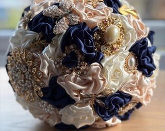 Navy Blush Ivory Brooch Bouquet, 7 Inch Bridal Bouquet, Gold Brooch Wedding Bouquet, Ready to Ship, Keepsake Flowers