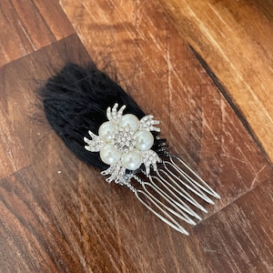 Mini Black Feather Pearl and diamanté hair Comb accessory