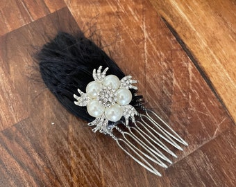 Mini Black Feather Pearl and diamanté hair Comb accessory