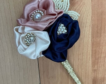 Grooms Boutonniere - Wedding buttonhole - Champagne ivory, blush pink, navy flower Buttonhole with crystal rhinestone embellishment