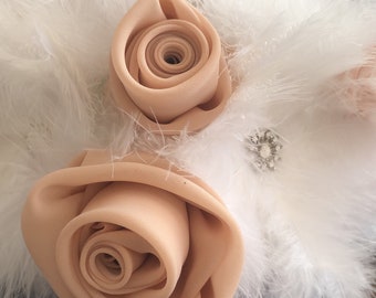 Bridal Feather Bouquet - Alternative bouquet - Wedding Bouquet - Jewel Bouquet - Rolled fabric roses / diamanté and pearl embellishments