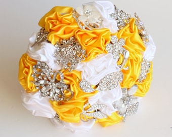 Yellow and Ivory Brooch Fabric Bouquet with crystal diamante & pearl brooches and satin handmade flowers -  Medium