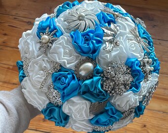 Turquoise, Ivory Fabric & Brooch Bouquet with silver Brooches - MEDIUM sized - Bridal Wedding Bouquet -  Alternative WEDDING Flowers