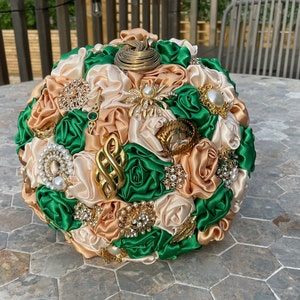 Green Gold Bridal Bouquet -  Brooch Bouquet - Green Wedding Bouquet - Green & Gold Fabric Bridal bouquet