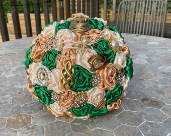 Green Gold Bridal Bouquet -  Brooch Bouquet - Green Wedding Bouquet - Green & Gold Fabric Bridal bouquet