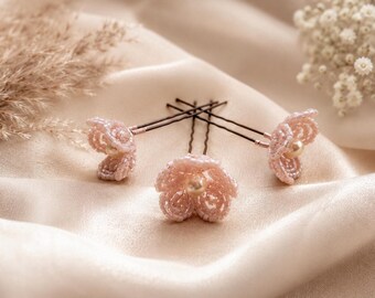 French Beaded Flower Hair Pins, Set of 3 Bridal Hair Pins, Champagne Pink Rose Gold Wedding Hair Accessories