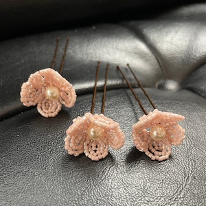 Pink Champagne RoseGold Beaded Flower Bridal Hairpins | Set of 3 | Wedding Hair Accessories