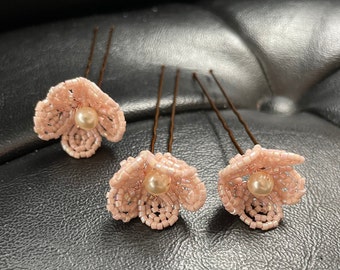 Pink Champagne RoseGold Beaded Flower Bridal Hairpins | Set of 3 | Wedding Hair Accessories