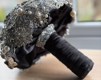 Gothic Brooch Bouquet, Black Silver Skull Spider Wedding Flowers, Alternative Bride