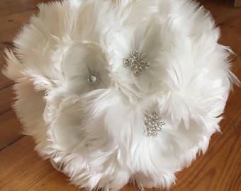 Feather Jewel Bridal Bouquet - Alternative Bouquet - Ivory Wedding Bouquet