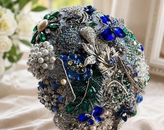 Silver Brooch Bouquet with Sapphire Blue & Emerald Green, Ready to Ship 7 Inch Bridal Bouquet
