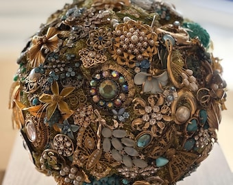 Ready to Ship Vintage Style Brooch Bouquet - 8-9 Inch Gold & Sage light Green Wedding Bouquet - Sage, turquoise, blue, green, Bridal Bouquet