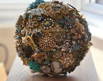 Ready to Ship Vintage Style Brooch Bouquet - 8-9 Inch Gold & Sage light Green Wedding Bouquet - Sage, turquoise, blue, green, Bridal Bouquet