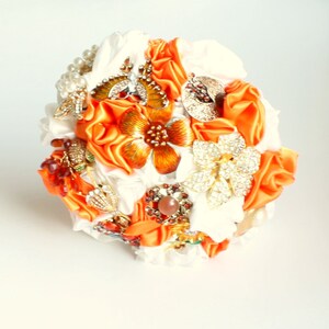 Orange and Ivory Brooch Fabric Bouquet with gold diamante & pearl brooches and satin handmade flowers -  SMALL