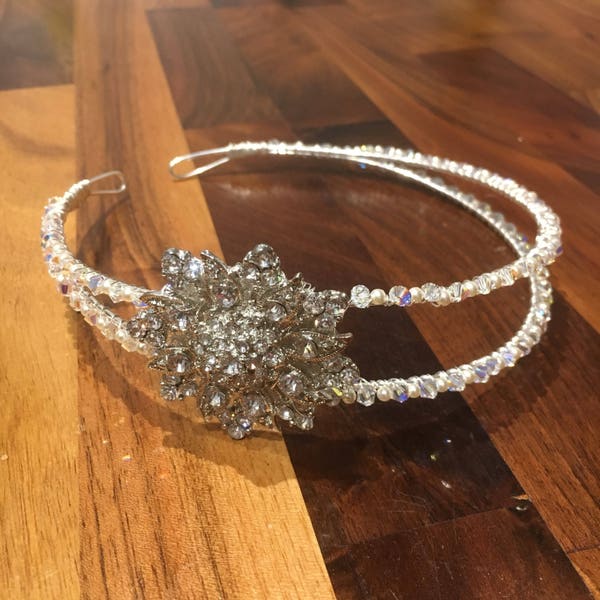 Swarovski Crystal and Pearl beaded  with Vintage style diamante flower side tiara / headband - Wedding, Bride, made to order