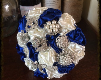 Royal Blue and Ivory Fabric Brooch Bouquet - Blue Broach Bouquet  - Wedding Bouquet - Blue artificial Bridal Bouquet