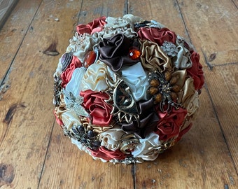 Orange ivory Gold Bridal Bouquet -  Brooch Bouquet - Orange Wedding Bouquet - Autumn Fall Fabric Bridal bouquet