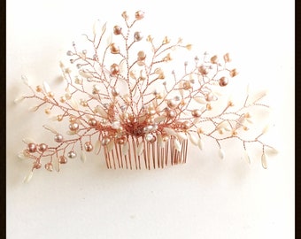 ROSEGOLD beaded pearl and crystal flower Bridal hair Comb wedding bride bridesmaids