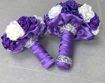 Purple Ivory Bridal Wedding Fabric Brooch Bouquet | Bride & Bridemaid wedding Bouquet set | Bridal Bouquet | Ex sample | Ready to Ship