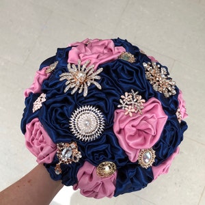 Navy & Pink Bouquet - Navy Pink Brooch Bouquet - Navy Pink Fabric Wedding Bouquet with Rosegold brooches - SALE!!!
