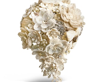 French Beaded Teardrop Bridal Bouquet, Champagne Ivory Pearl & Crystal Wedding Bouquet
