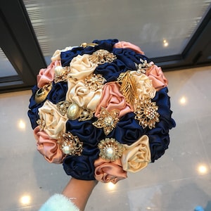 Ivory, blush pink and navy Bridal Wedding Fabric and Brooch Bouquet Wedding, rhinestone Heirloom
