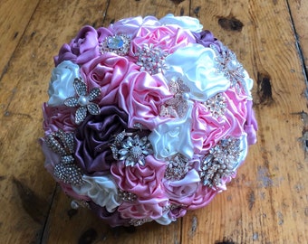 PINK Fabric BROOCH Bouquet with silver diamante rhinestone / pearl brooches Alternative Wedding Flowers SMALL Free Shipping.