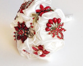 Bridal Brooch Fabric modern wedding bouquet - Satin Ivory handmade flowers with Red brooches -  Medium - made to order