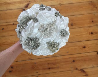 White Ivory Bridal Wedding Fabric Brooch Bouquet - Ex sample - Ready to Ship