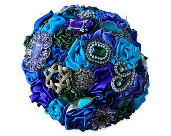 Unique Peacock Fabric & Brooch Bouquet | Alternative Wedding Bouquet | Blue, Purple, Green, Teal Bridal Bouquet | Ready to Ship