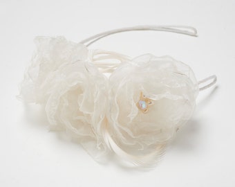 Organza flower Bridal headpiece with pearl and crystal centre - Wedding, Bride, made to order