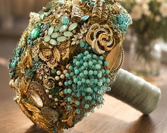 Ready to Ship Sage Green Brooch Bouquet, 8-9 Inch Gold & Turquoise Bridal Bouquet, one of a kind wedding flowers
