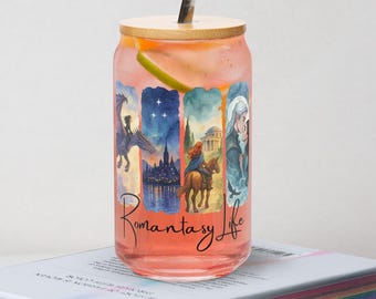 Romantasy Life can glass, bookish watercolor glass with bamboo lid and straw, booktok merch