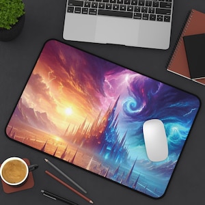 Könnte beinhalten: Eine Fantasy-Mausmatte mit einem farbenfrohen Bild einer Burg, Wolken und Blitzen. Die Burg ist in zwei Hälften geteilt, wobei eine Seite aus Eis und die andere Seite aus Feuer zu bestehen scheint.