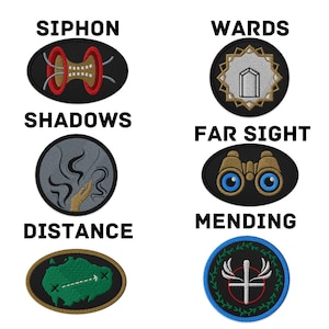 May include: Six embroidered patches featuring black borders and distinct icons: Siphon with red rings, Wards with a star shape, Shadows with smoke, Far Sight with binoculars, Distance with a green map, and Mending with a white cross.
