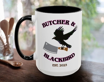 Butcher and Blackbird two-toned mug, Ruinous Love bookish merch, Brynne Weaver dark romance reader